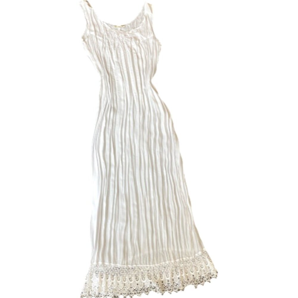 VTG Classique by Shawn Ivory‎ Sheer Crinkle Pleated Crochet Hem Maxi Dress 276L